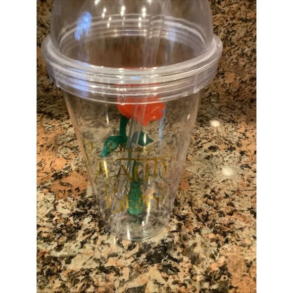 Disney Beauty & the Beast rose flashing light up souvenir cup with straw New - Picture 1 of 4